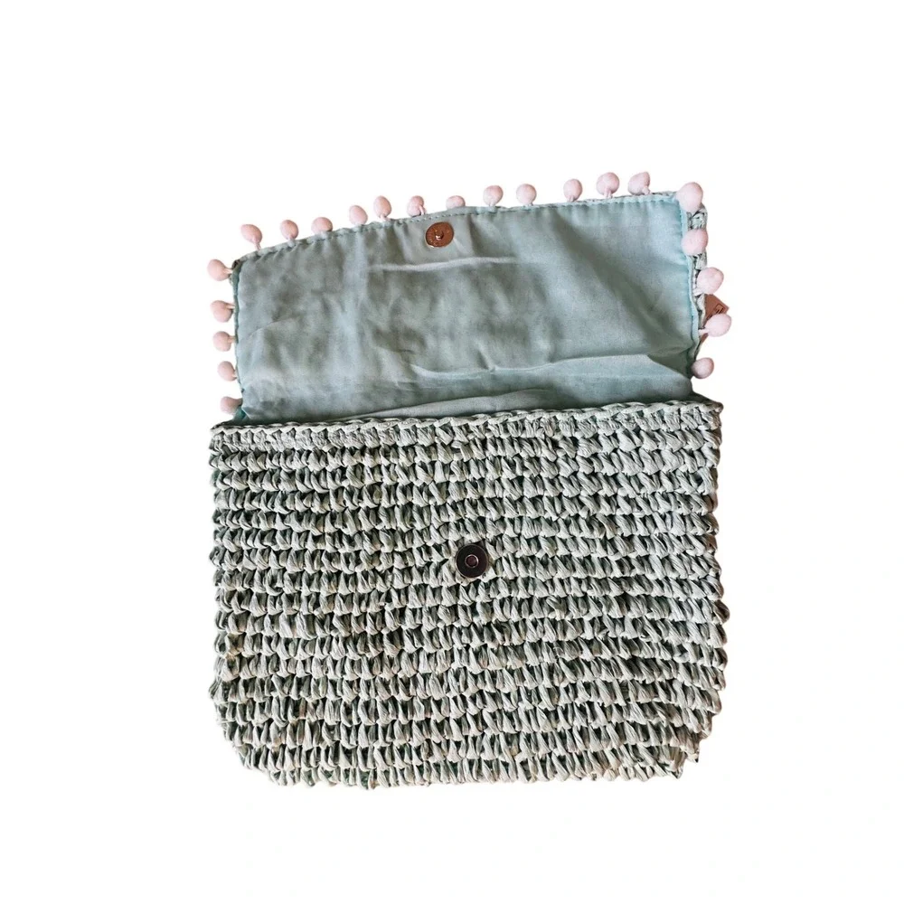 SHIRALEAH Chicago Woven Clutch Pom Pom Tassel Mint Green‎ Evening Bag NWT - Picture 2 of 4